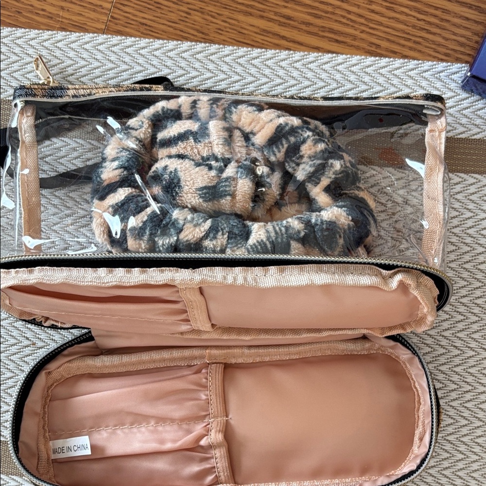 Transparent Makeup Bag with Animal Print Scrunchie